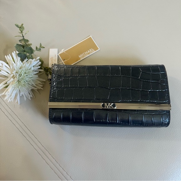 NWT Michael Michael Kors Croco Embossed Silver Hardware Mona Large E/W Clutch - Picture 5 of 16